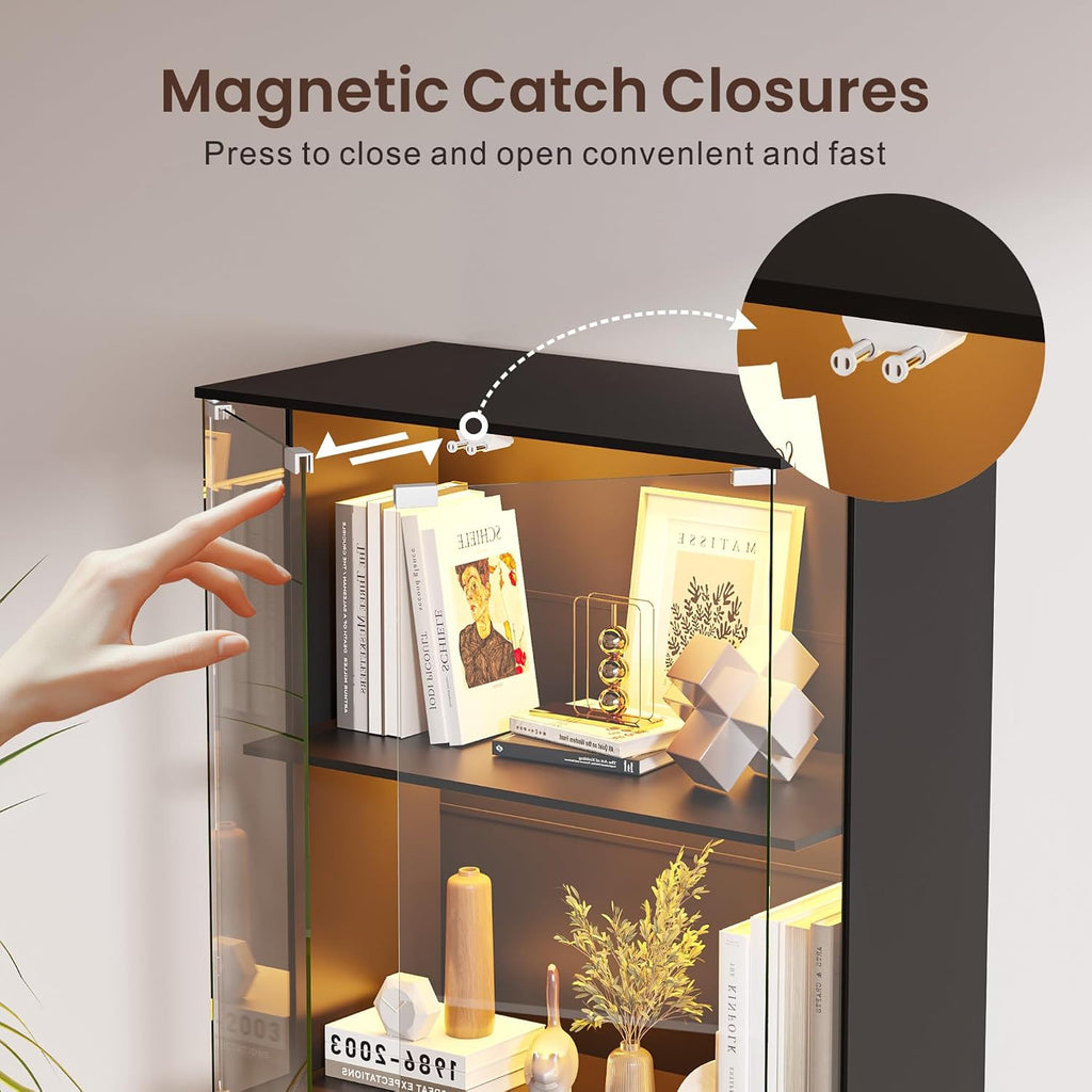 Display Cabinet with Glass Door,Lighted 4-Tier Curio Cabinet with3 Color Lights for Collectibles Bookcases,66' Lockable Display Case with Human Body Sensor,Black