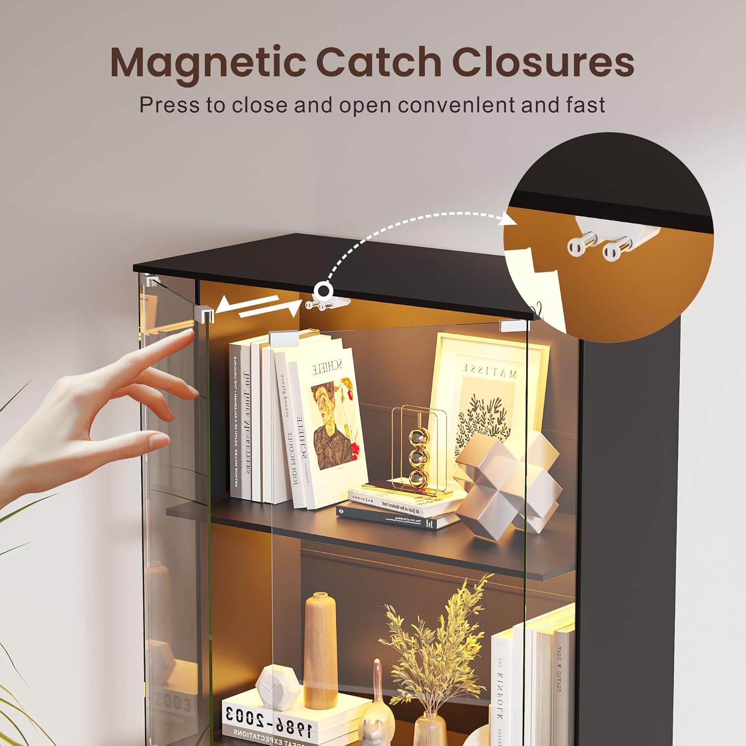 Display Cabinet with Glass Door,Lighted 4-Tier Curio Cabinet with3 Color Lights for Collectibles Bookcases,66' Lockable Display Case with Human Body Sensor,Black