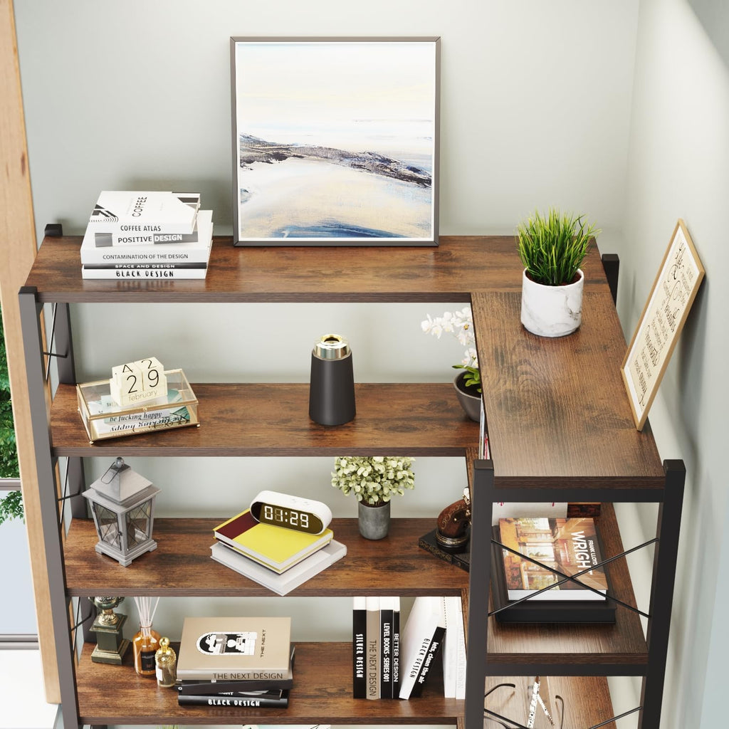 Wildhome 6-Shelf Corner Bookshelf, Vintage Industrial Corner Shelf Etagere Bookcase, Large Book Shelf with Metal Frame Open Storage Corner Cabinet (Brown-Lockers)