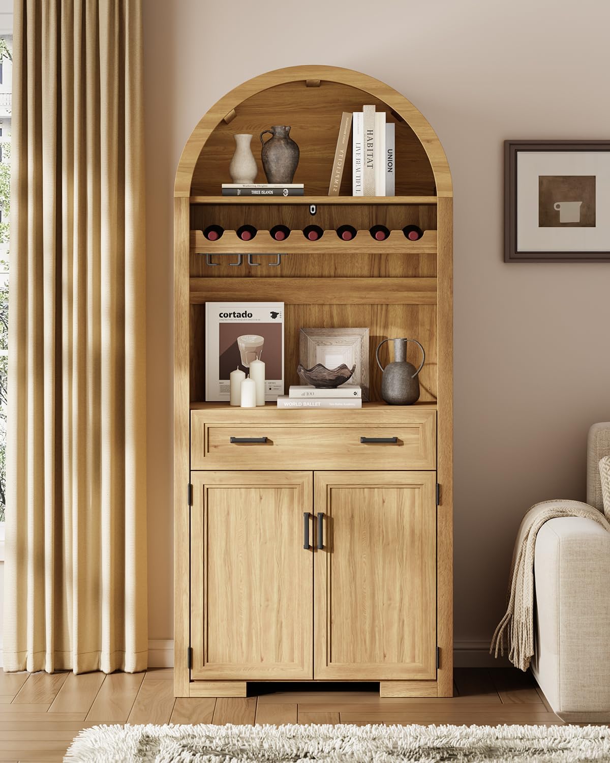 72' Tall Arched Kitchen Pantry, Modern Wood Kitchen Storage Cabinets with Large Drawer, 4 Door Shelves, Adjustable Shelves, and Wine Racks, Versatile Cupboard for Dining Room, Natrual Oak