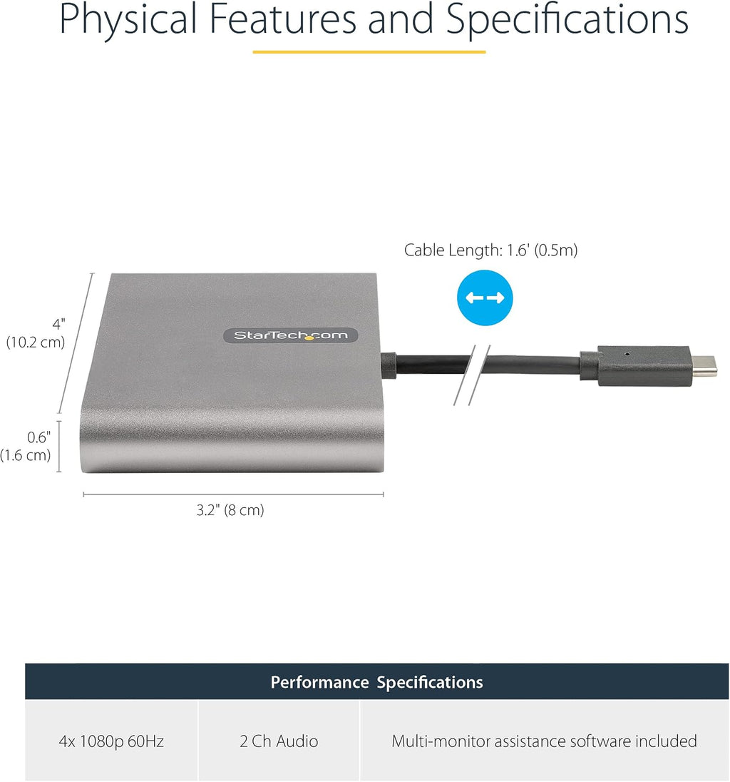 StarTech USB-C to Quad HDMI Adapter, USB Type-C to 4 HDMI Monitor Converter, 4x 1080p 60Hz, External Video Graphics Card, Windows Only, TAA, for Laptops/Desktops, Bus Powered, 50cm Cable
