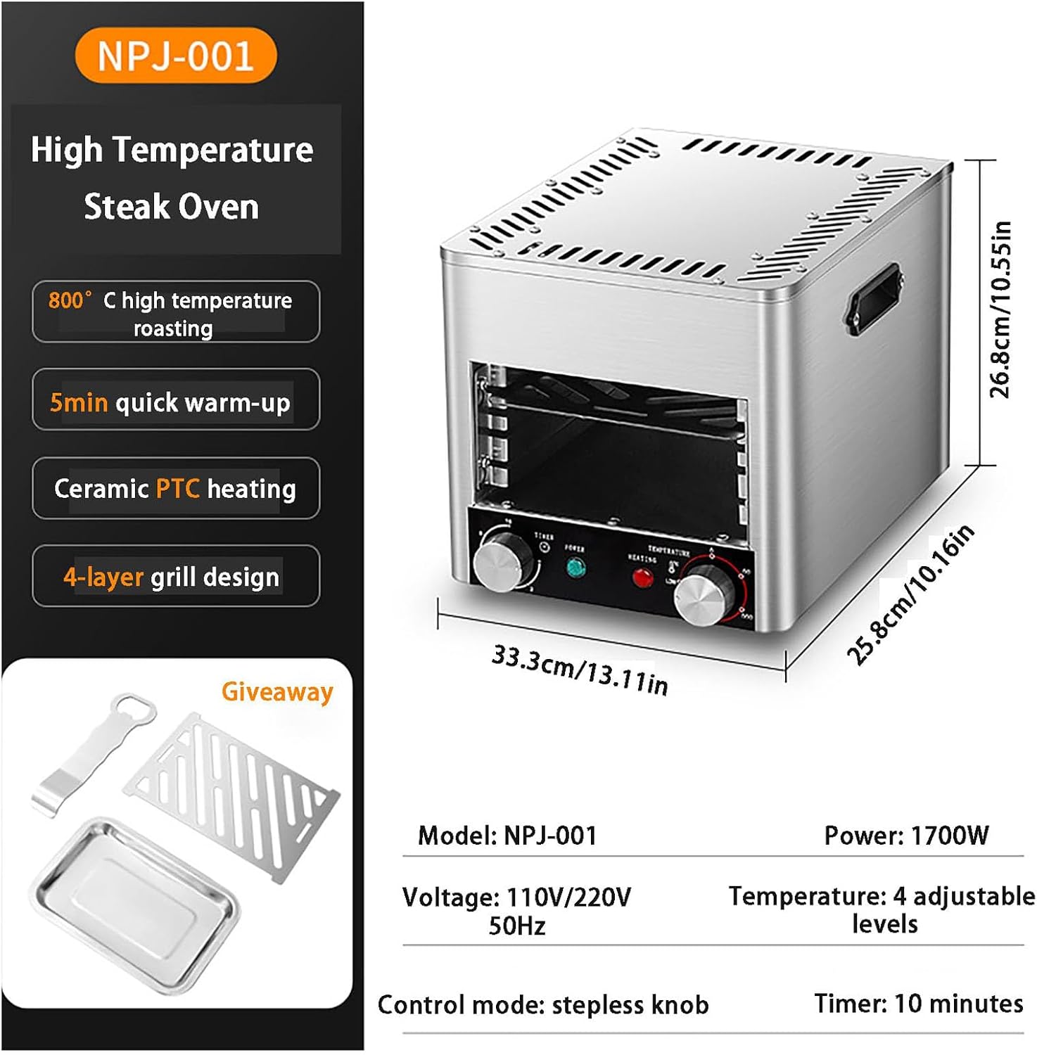 Smokeless Electric Broiler for Indoor Use, 800°C High-Heat Steak Grill with Adjustable 4/8-Tier Rack, Ceramic Heating, Timer & Temp Control, for Steak Chicken Vegetables A