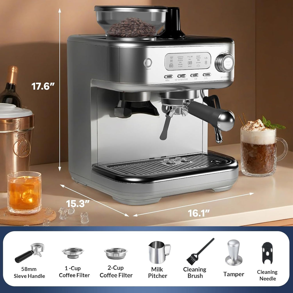 CABIHOME Espresso Machine with Built-in Grinder & Milk Frother, 15 Bar Pump, PID Temperature Control, Digital LCD Display, 8.8 oz Bean Hopper, Semi-Automatic Coffee Maker for Latte & Cappuccino