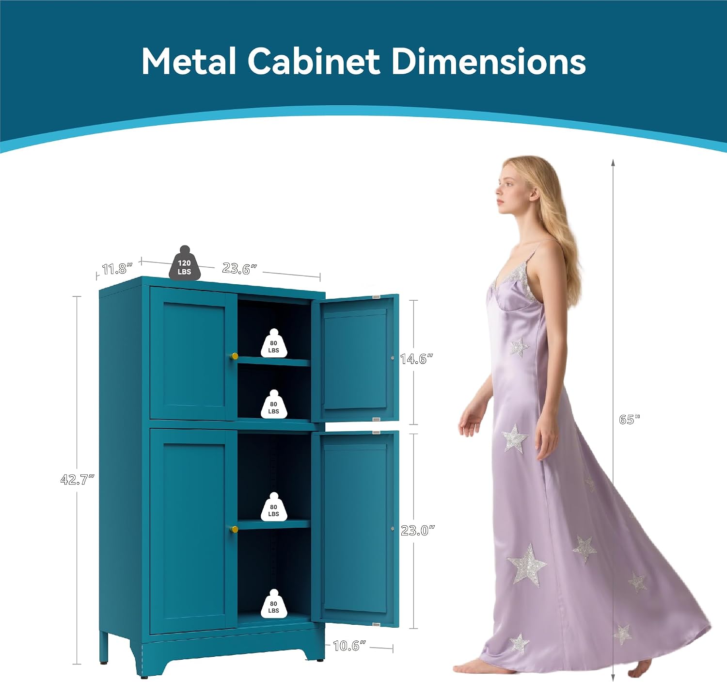 Bevivog Bathroom Floor Storage Cabinet,Metal Accent Cabinets with 4 Doors and 2 Adjustable Shelves,Blue Storage Locker Cabinets Organizer for Pantry Kitchen,Living Room,Hallway, Restroom