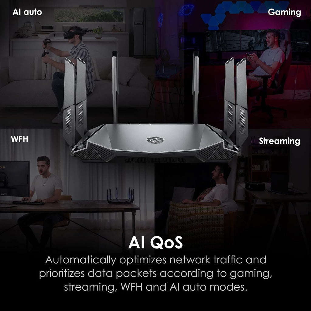 MSI Radix AXE6600 WiFi 6E Tri-Band Gaming Router, AI QoS, RGB, 1.8GHz Quad-Core Processor, MU-MIMO, Tri Band Gigabit Wireless, 8-Stream, High Speed Long Range Gaming Router