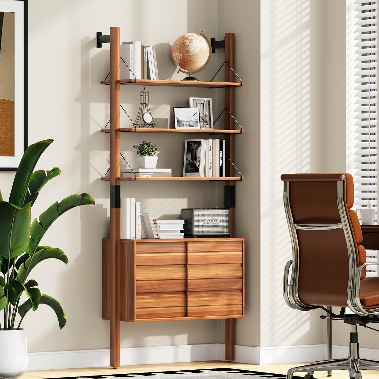 JOINICE, Ladder Bookshelf with Storage Cabinet, Mid Century Modern Wall Mounted Bookcase with Wood and Metal Frame, 6 Tier Open Display Shelves for Living Room, Bedroom, Home Office, Cherry