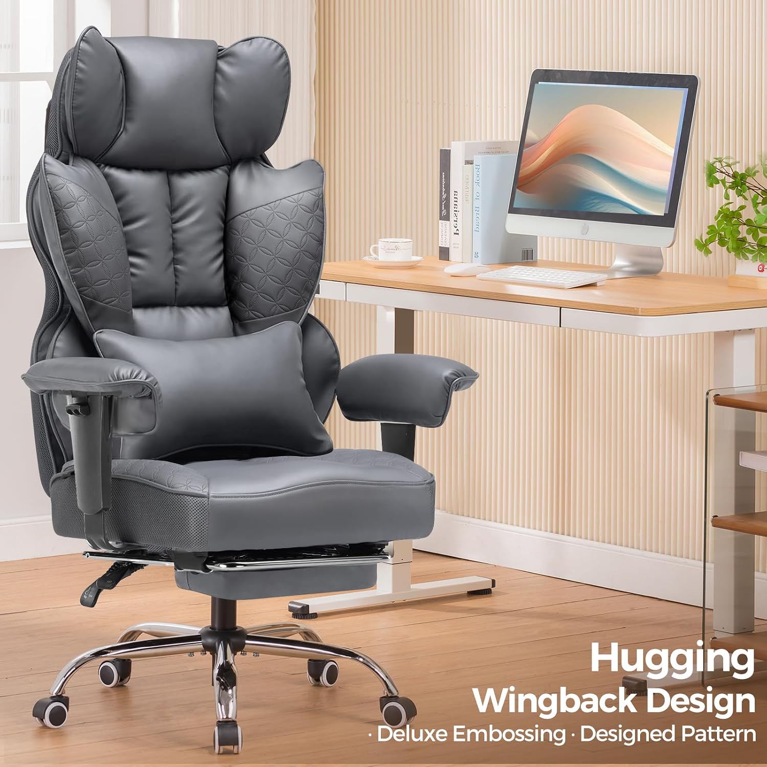 COMHOMA Big and Tall Office Chair Heavy Duty Wide Ergonomic Gaming Chair with Deluxe Embossing Designed Leather with Foot Rest,150°Reclining Adjustable Armrests Pocket Spring Back Support and Pillow