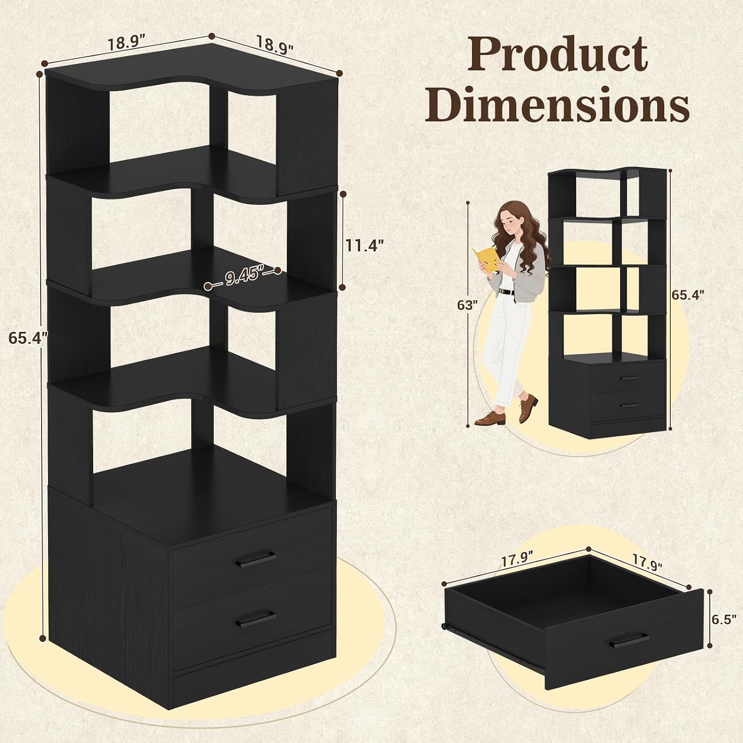 Armocity Corner Bookshelf with Drawers, 7 Tier Corner Book Shelf Display Bookcase, Freestanding L Shaped Bookshelf for Bedroom, Home Office, Black