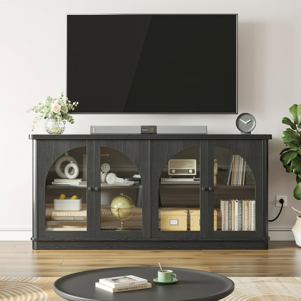 ONBRILL 63 Inch Sideboard Buffet Cabinet, Modern Arched Buffet with Glass Doors, Large Curved Cabinets with Storage, Console Credenza w/Adjustable Shelves for Living Room, Kitchen, Entryway, Black