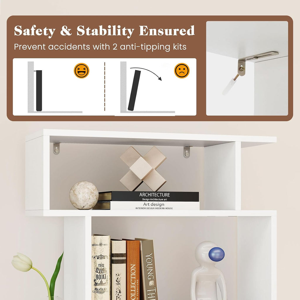 Giantex 6-Tier Geometric Bookshelves Set of 2, S-Shaped Bookcase with 2 Anti-Tipping Kits, Wooden Display Shelf, Decorative Storage Shelving Unit, Home Storage Organizer for Office Living Room, White