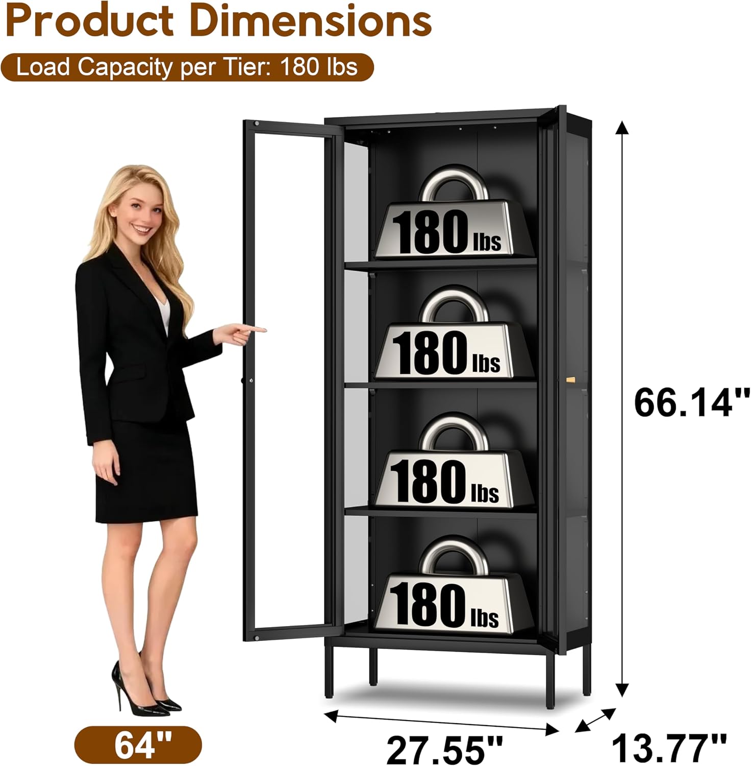 UNICOLY Glass Display Cabinet 4-Tier, Display Cabinet with Glass Doors, Curio Cabinet with Tempered Glasses Doors,Metal Storage Cabinets for Living Room, Plant, Assembly Required, Black