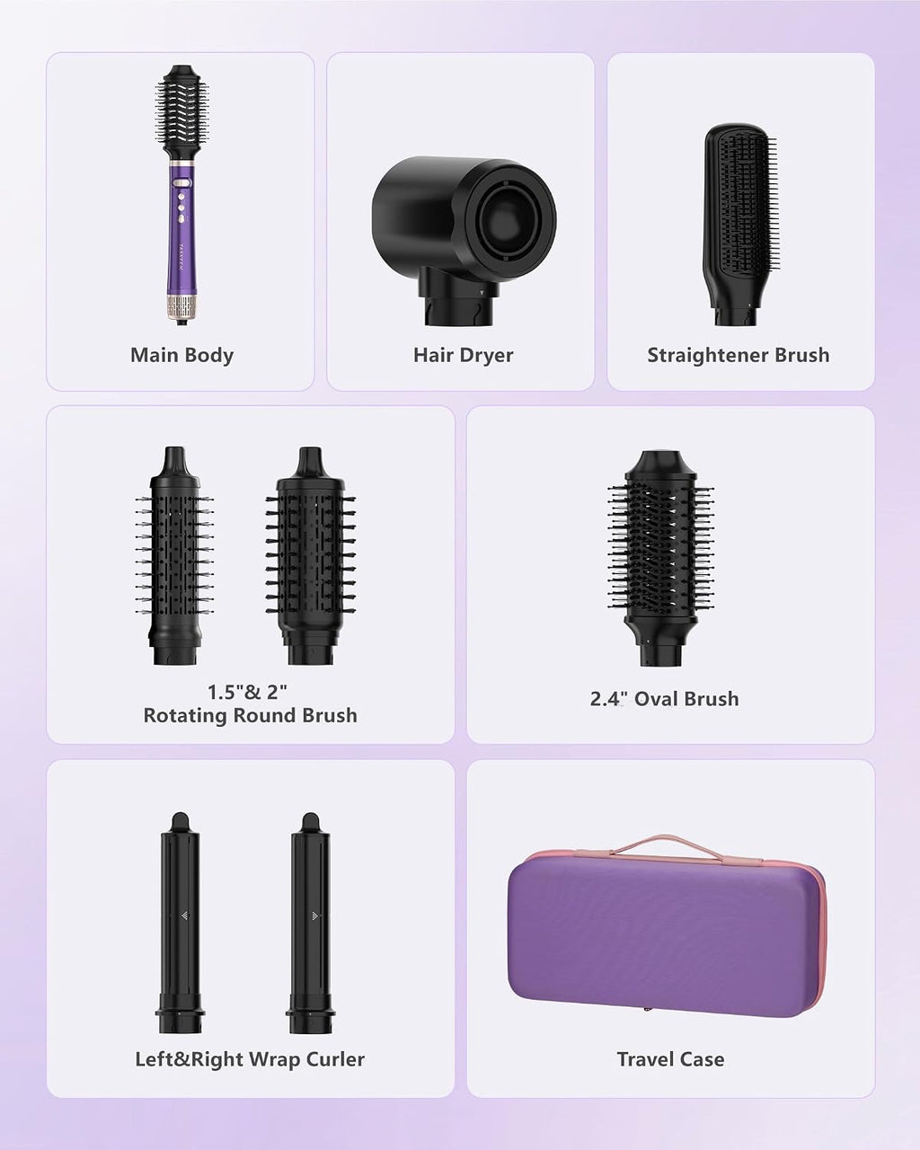 TASNEEM 7 in 1 Hot Air Brush & Rotating Hair Dryer Brush, Air Styler with Auto-Wrap Curlers, Ionic Blow Dryer, Straightener & Oval Brush, Without Heat Damage Multi-Styler with Travel Case