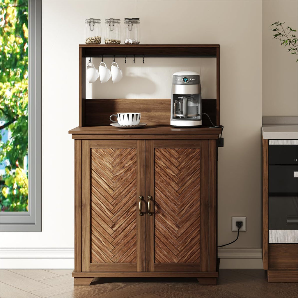 JOINICE Farmhouse Coffee Bar Cabinet with Storage,31.5' Kitchen Cabinet with Hooks and Charging Station,Coffee Station with Adjustable Shelf and Hutch,Sideboard for Living Dining Room