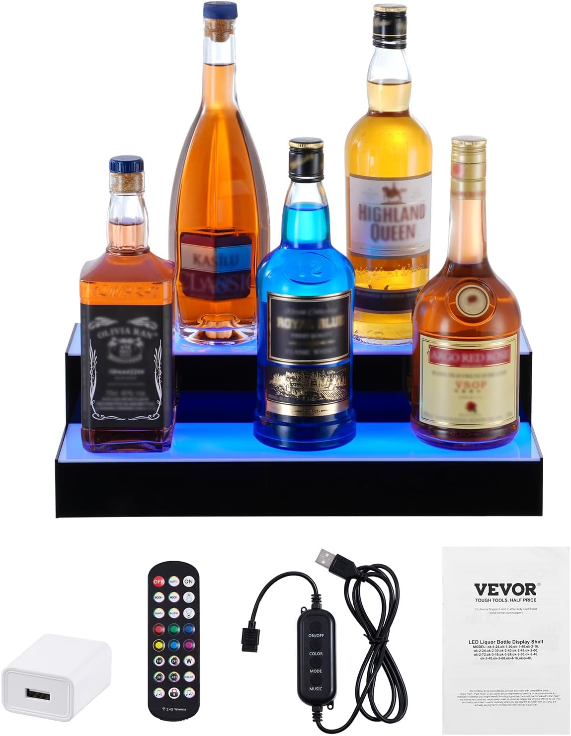 VEVOR LED Lighted Liquor Bottle Display, 2 Tiers 16 Inch Commercial Illuminated Home Bar Shelf, 2 Steps Whiskey Rack Stand, Acrylic Drink Shelves with RF Remote & App Control, and Multicolor Light