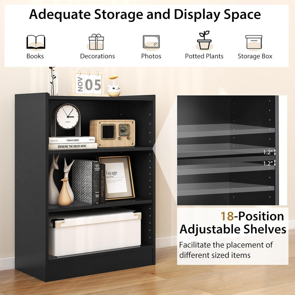 Tangkula 3 Tier Bookcase, Floor Standing Open Bookshelf with 18-Position Adjustable Shelves, Anti-toppling Device, Modern Multipurpose Display Storage Organizer for Living Room Study (2, Black)