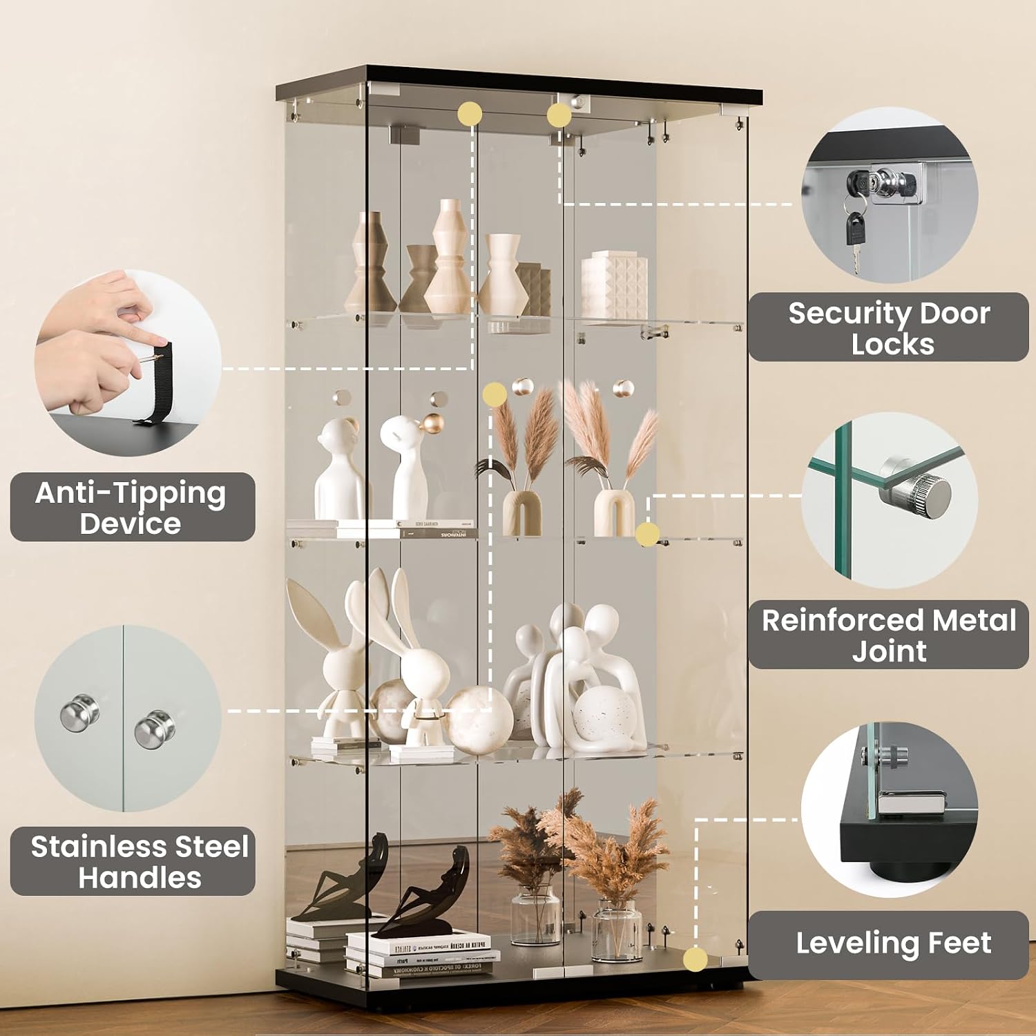Mirrored Glass Display Cabinet with Lock, 4-Shelf Tempered Glass Curio Cabinet with 2 Doors, Collectible Display Showcase for Living Room, Bedroom – Black