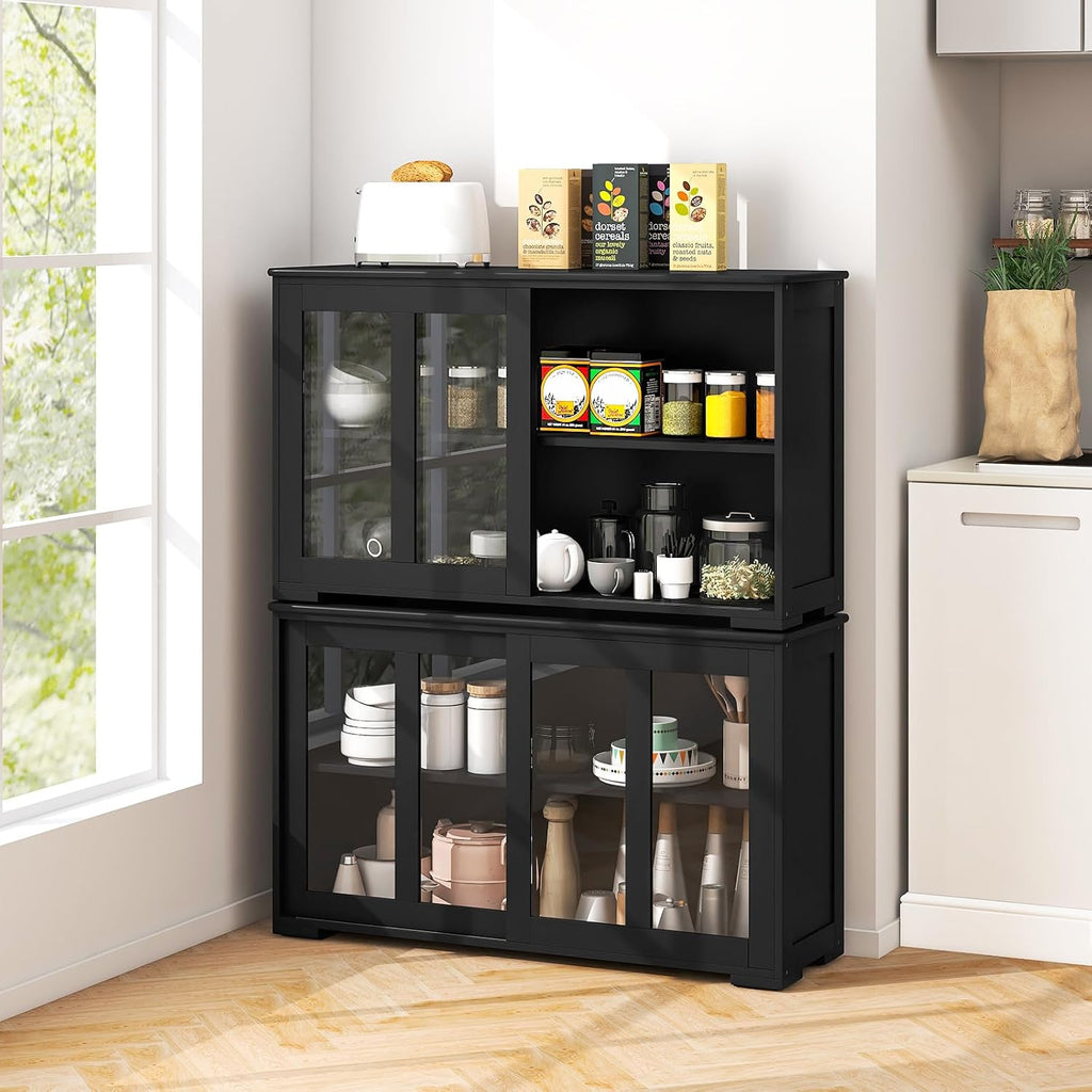COSTWAY Buffet Sideboard with Storage, 2-Door Floor Cupboard with Sliding Tempered Glass Cabinet & Adjustable Shelf, Stackable Storage Cabinet for Kitchen, Entryway, Black (2)