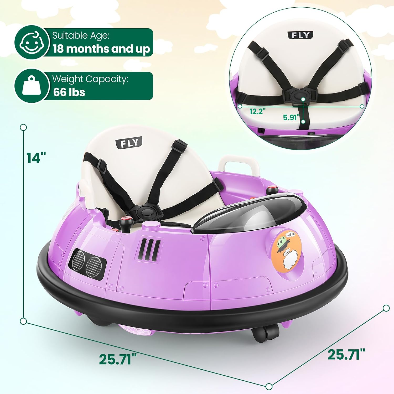 Hikole Toddler Bumper Car, 12V Electric Bumper Car for Kids with Parent Remote, Flashing LED Light, Safety Belt, 2 Driving Modes, 3-Speed, Baby Bumping Toy Gifts for Children Ages 1.5-5, Purple