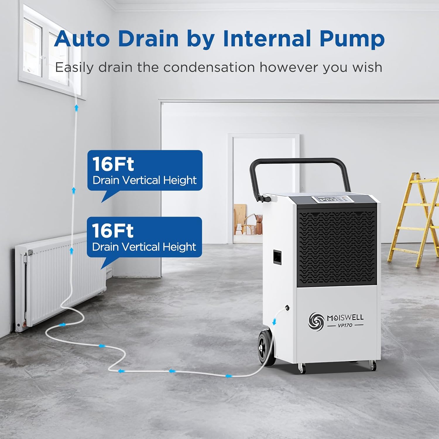 170 Pints Commercial Dehumidifier with Pump, 7,500 Sq.Ft Coverage, Portable with Wheels for Water Damage Restoration, Basement, Garage