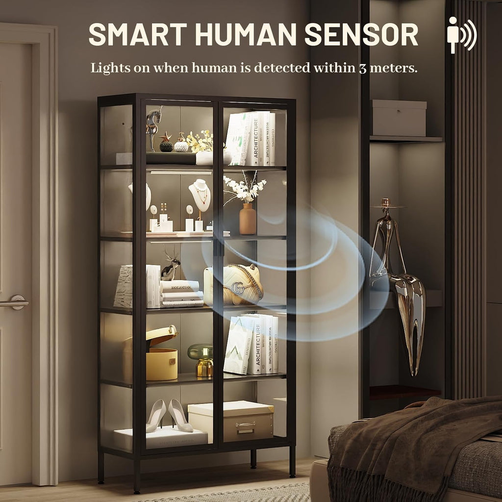 71' H Display Cabinet with Glass Doors,Display Case with LED Sensor Lights,Glass Display Cabinet with Adjustable Shelves and Feet,Display Cabinets for Living Room/Bedroom/Kitchen