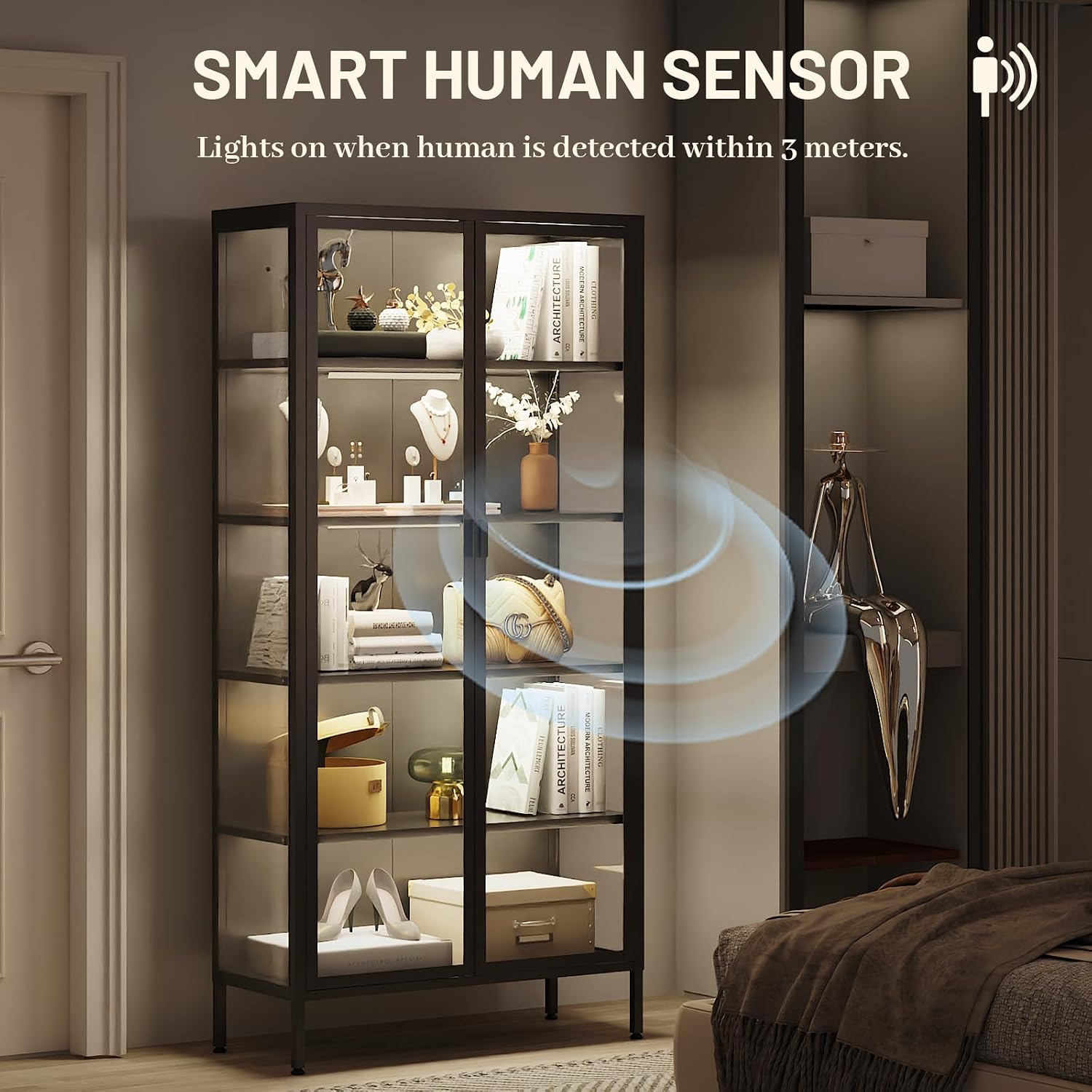71' H Display Cabinet with Glass Doors,Display Case with LED Sensor Lights,Glass Display Cabinet with Adjustable Shelves and Feet,Display Cabinets for Living Room/Bedroom/Kitchen