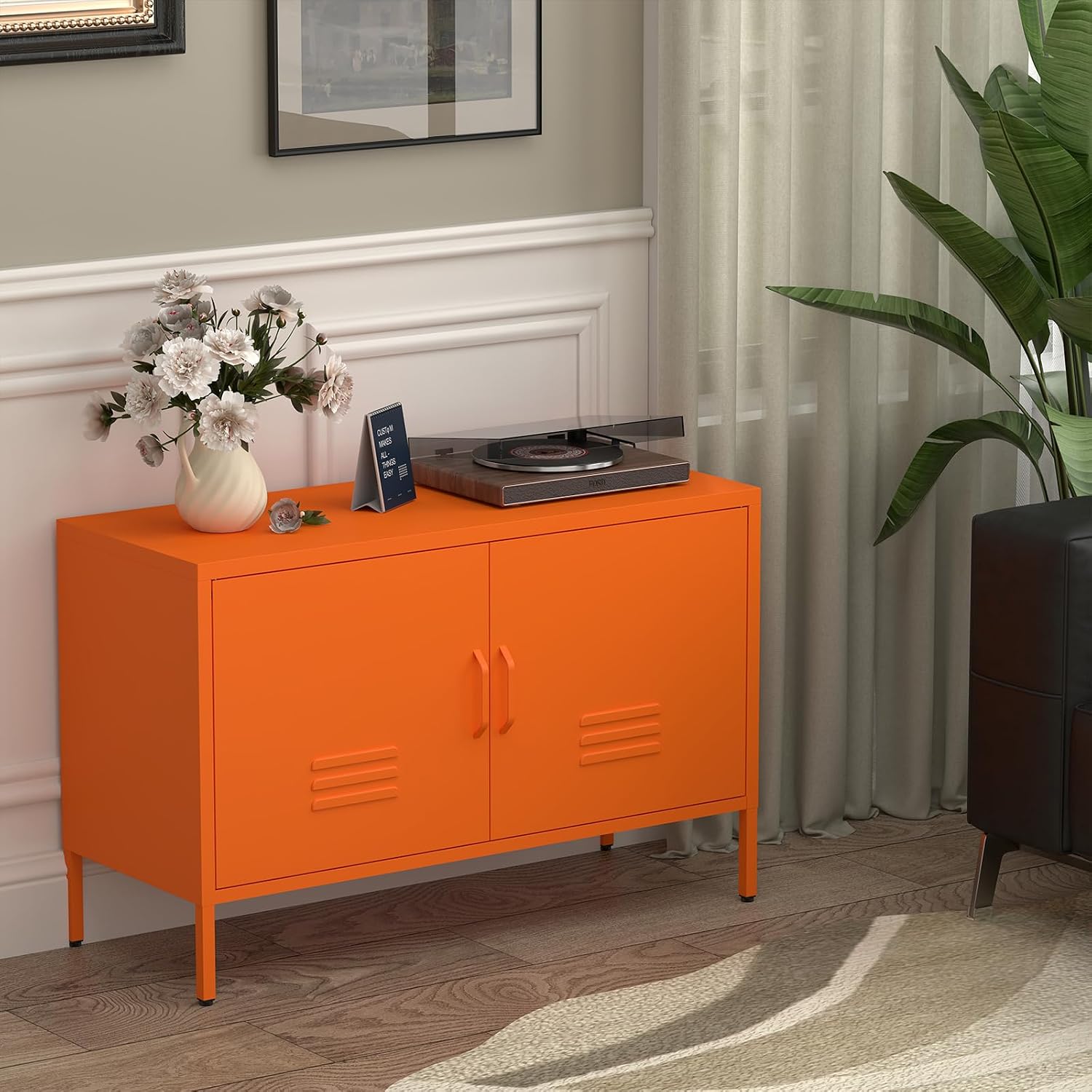 IRONFFICE Locker Cabinet,Metal Storage Cabinet with 2 Doors,Morden TV Stand for Living Room,Bedroom,Orange