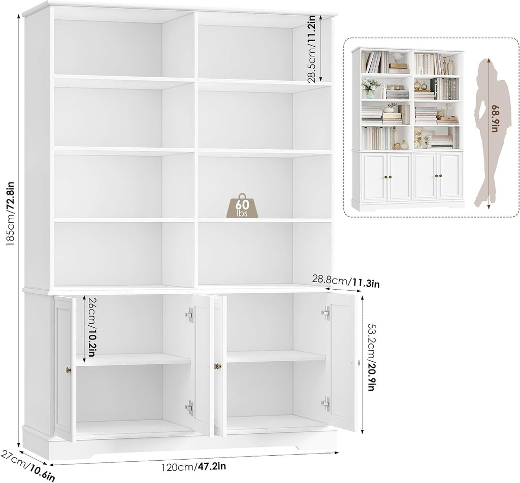 FINETONES 73' White Bookshelf with Doors, 6 Tier Tall Bookshelf Double Wide Bookcases and Bookshelves with Storage, Large Display Cabinets for Home Office,Living Room, Library