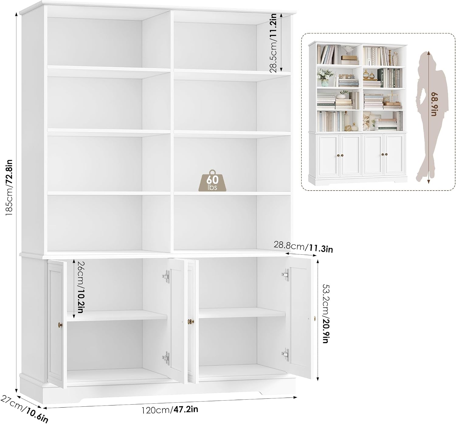 FINETONES 73' White Bookshelf with Doors, 6 Tier Tall Bookshelf Double Wide Bookcases and Bookshelves with Storage, Large Display Cabinets for Home Office,Living Room, Library