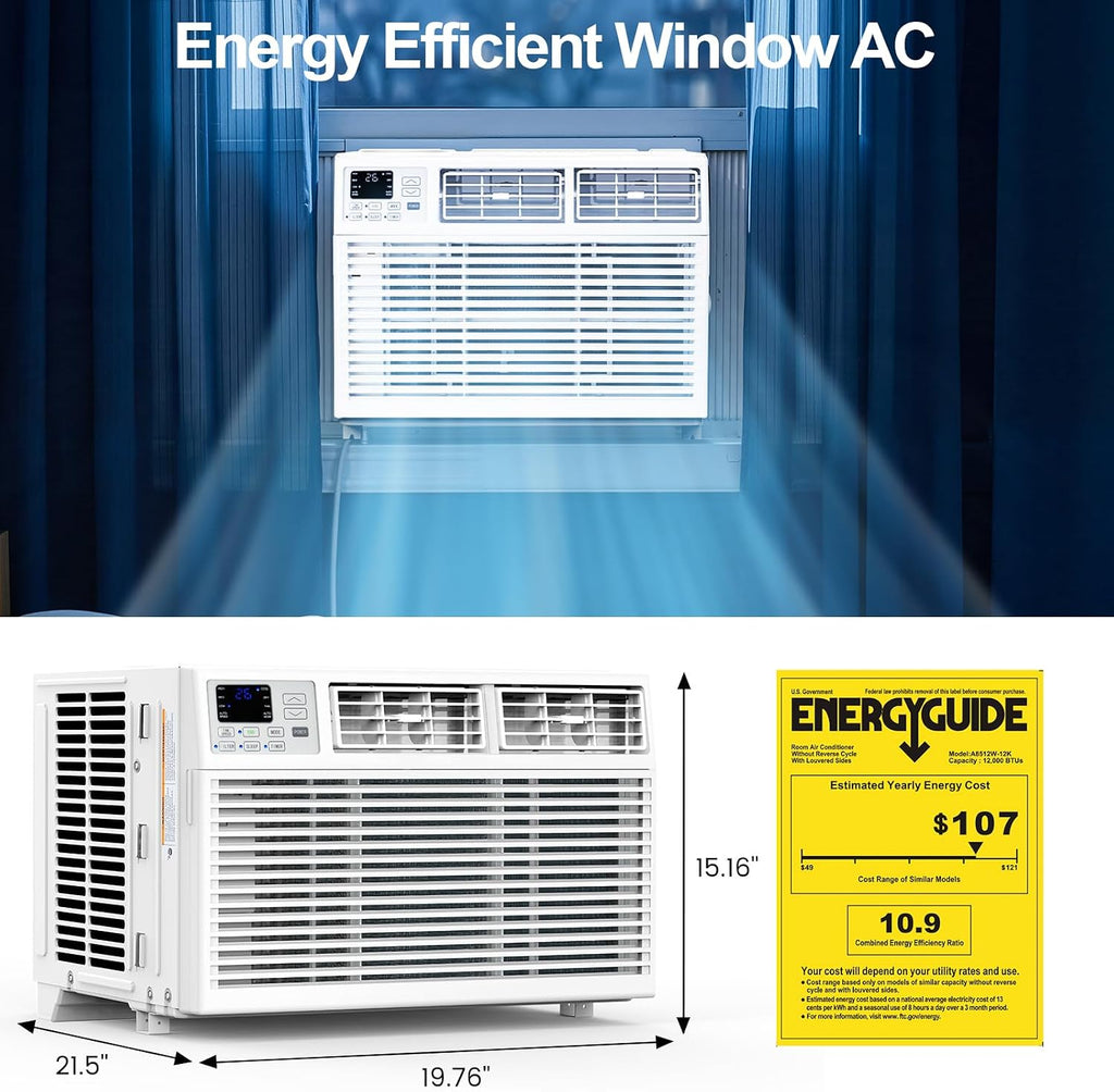 Electactic Window Air Conditioner, 12000 BTU Window AC Unit, Cooling Room 550sq.ft, Fast Cooling, 24H Timer, Dehumidifier Mo, Energy Saving, Remote Control for Living Room, Bedroom, Office