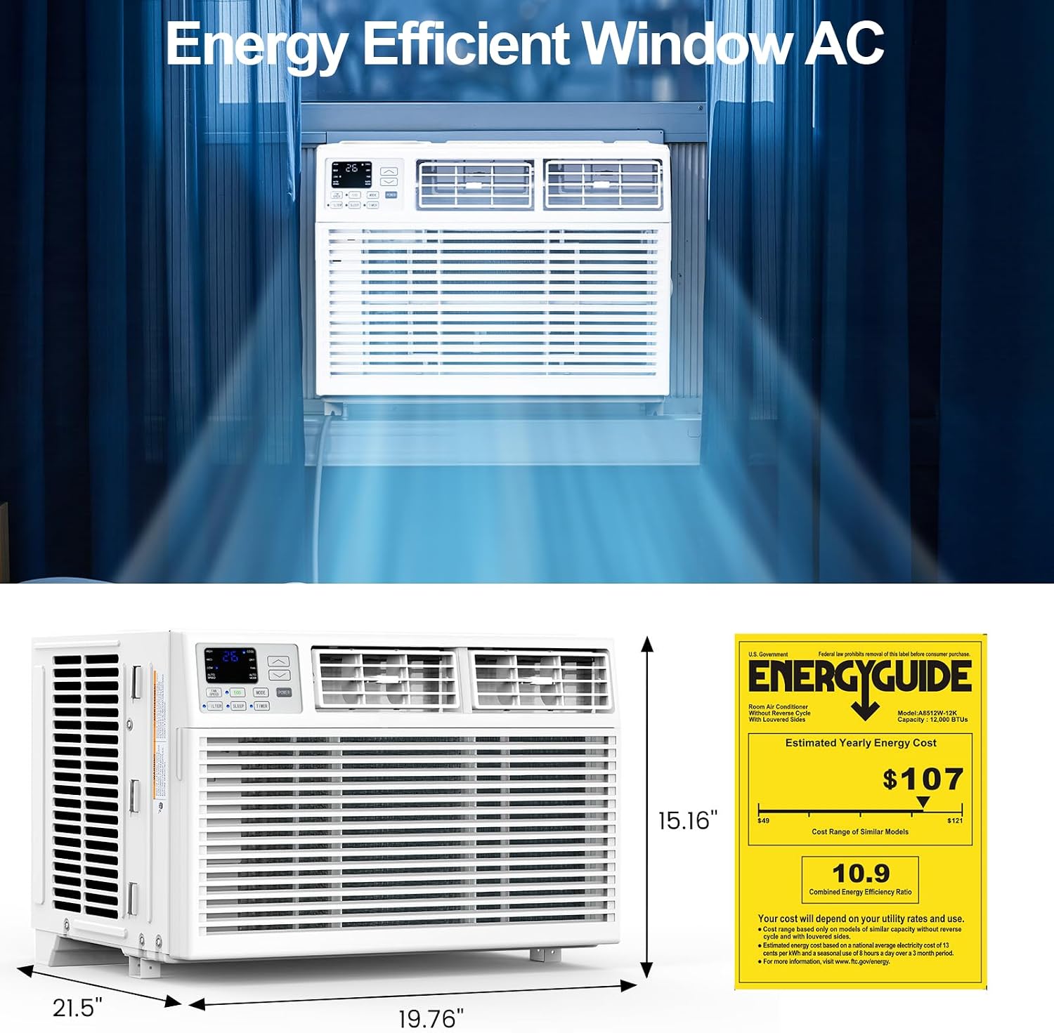 Electactic Window Air Conditioner, 12000 BTU Window AC Unit, Cooling Room 550sq.ft, Fast Cooling, 24H Timer, Dehumidifier Mo, Energy Saving, Remote Control for Living Room, Bedroom, Office