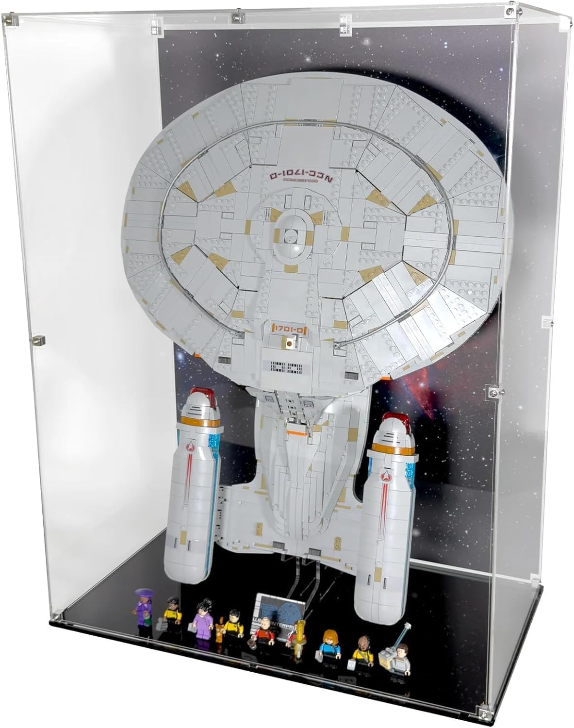 Display Case Compatible with Lego Set 10356 U.S.S. Enterprise NCC-1701-D - Set Not Included - Acrylic Showcase Display with Pre-Printed Background and Base (Vertical)