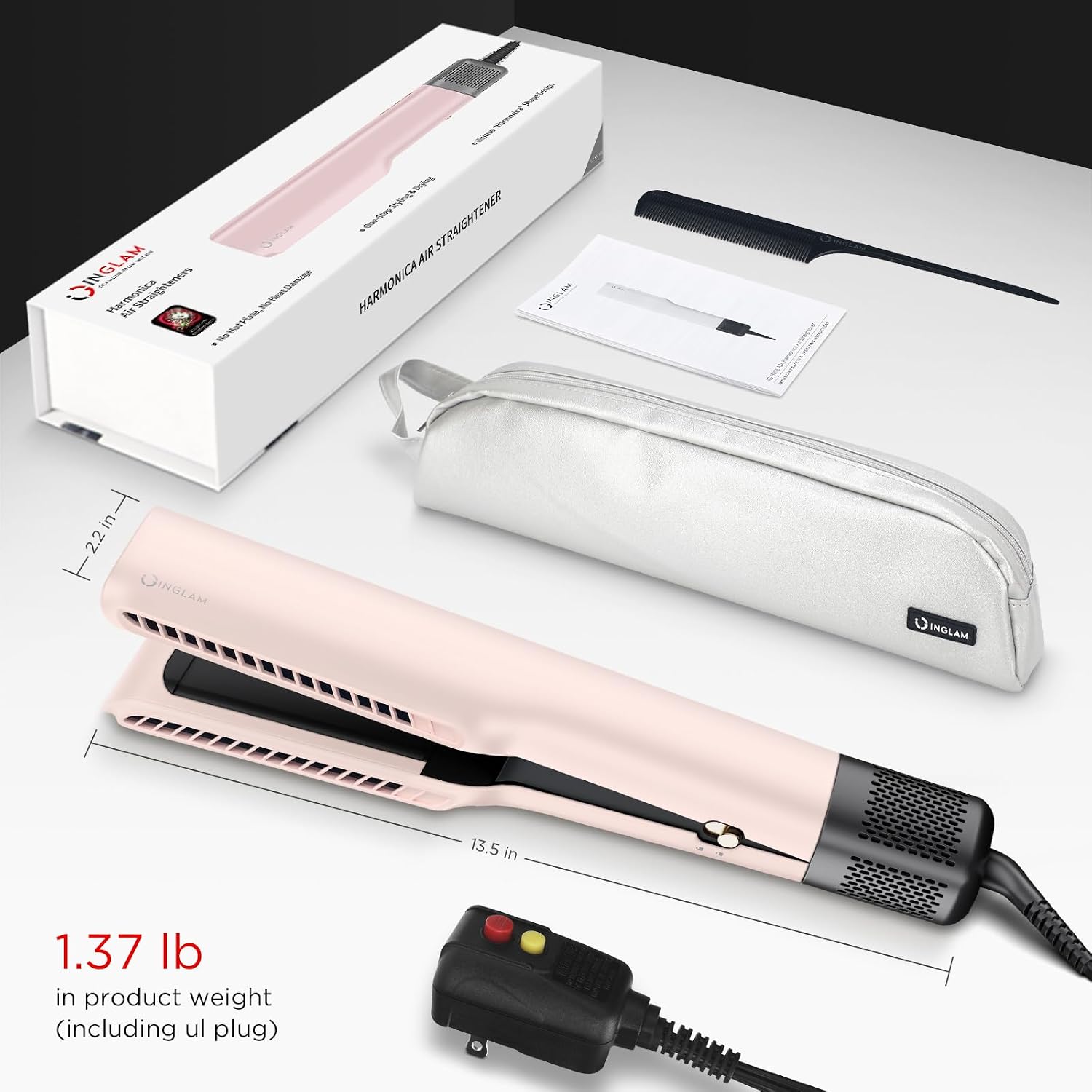 IG INGLAM Air Straight, Style from Wet Hair, 200M Ionic Hair Dryer Straightener for Medium Long Length(14'-30'), Straightener and Dryer 2 in 1, Fast Drying and Straightening in One Step, Pink