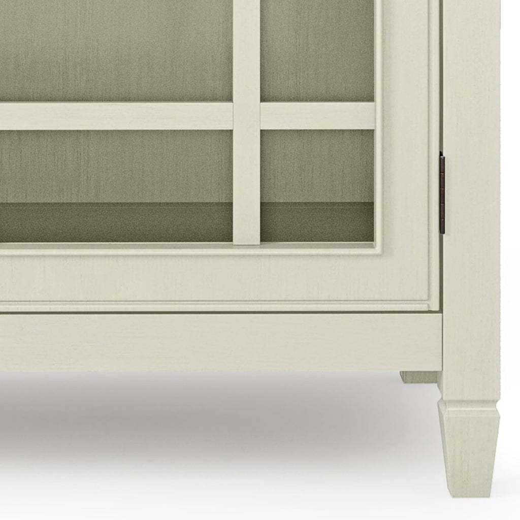 SIMPLIHOME Connaught Storage Cabinet - 46 inch Wide Solid Wood Low Storage Cabinet in Antique White, Traditional Console for Living Room, Entryway, or Dining Room with Glass Doors and Shelves