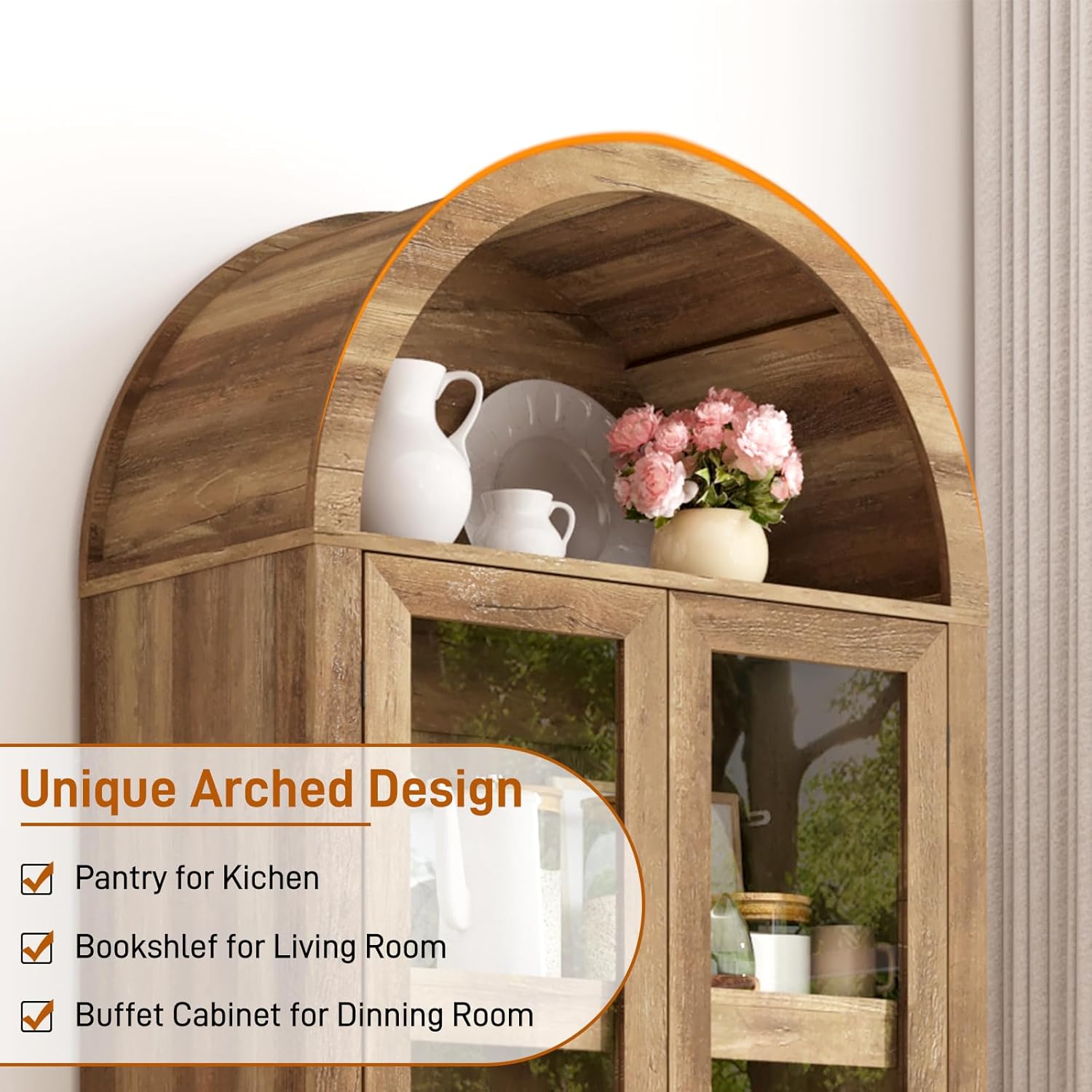 75' Tall Arched Kitchen Pantry Cabinet w Load-Bearing Steel Pipe,Modern Farmhouse Kitchens Storage Cabinet with Drawer and Glass Doors,Tall Arched Bookcase,Pantry Organizer for Living Room(Natural)