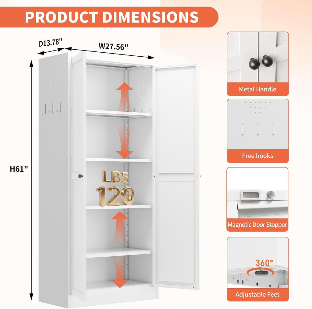 61' Kitchen Pantry Cabinet with 2 Doors and 4 Shelves,White Metal Garage Storage Cabinets,Freestanding Steel Tool Cabinet Utility Cabinets Cupboard for Kitchen,Living,Dining Room,Bathroom