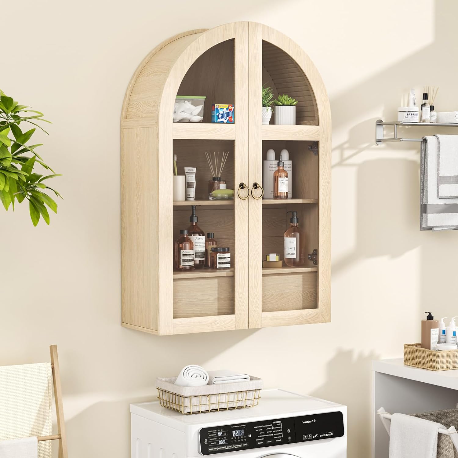 Medicine Cabinet with Tempered Glass Door, Arched Bathroom Wall Cabinet with Adjustable Shelf, for Kitchen, Living Room, Entryway, Laundry Room, Apartment, Office, Small Space, Oak
