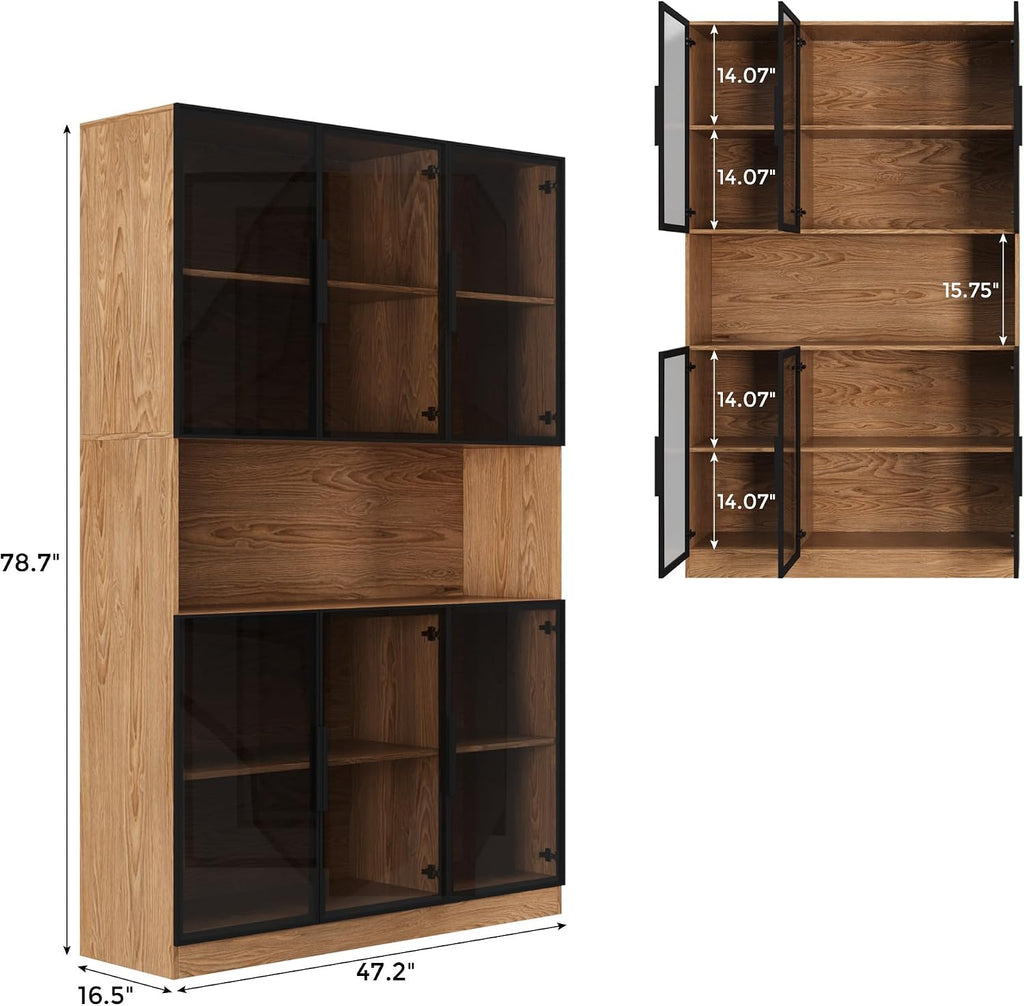 Mekminop Glass Doors Display Cabinet with Lights and Shelves, Storage Cabinets Morden Bookcase Trophy Case Display Cabinet with Hutch for Collectibles - Walnut (47.2 'W x 16.5 'D x 78.7 'H)