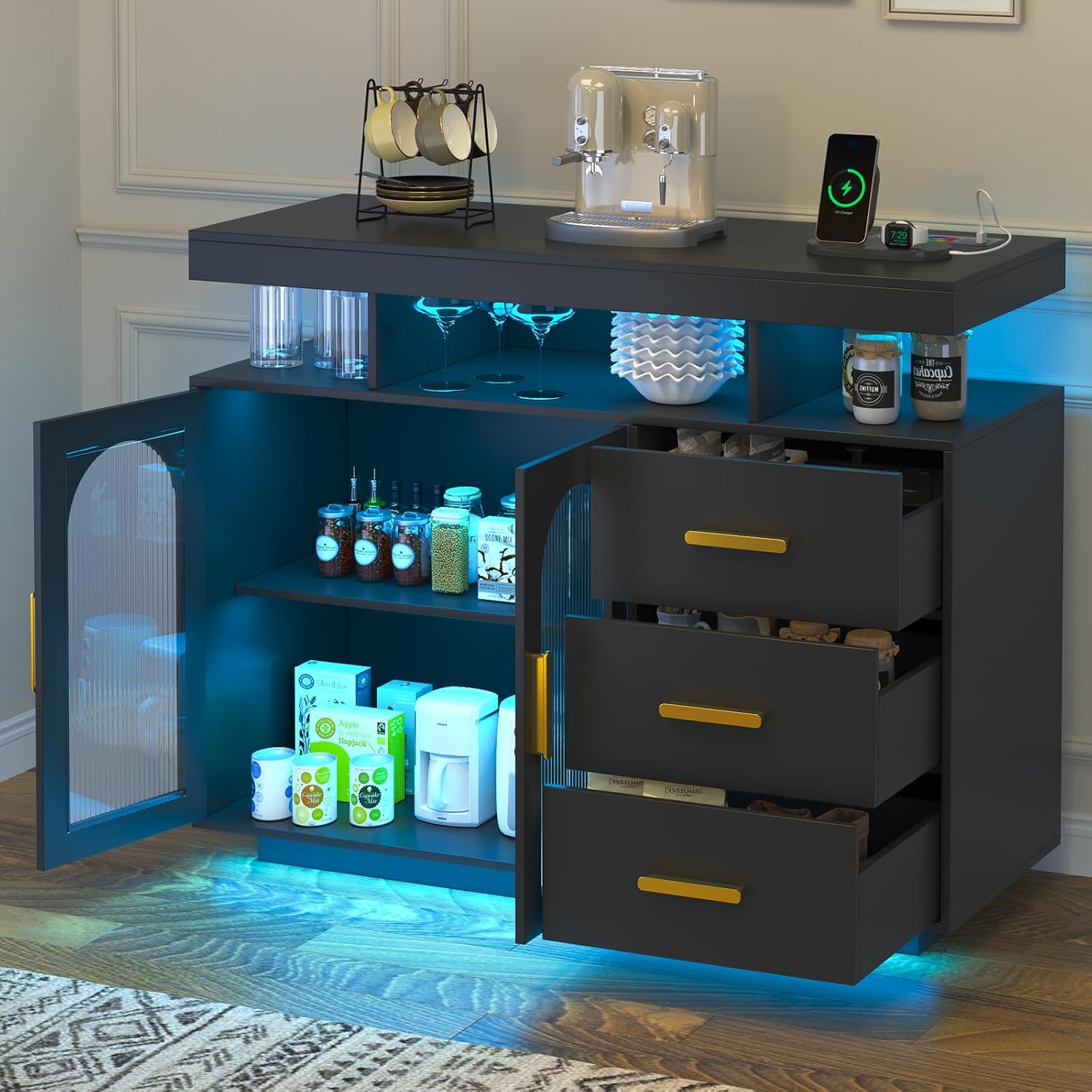 HNEBC LED Sideboard Buffet with Charging Station, Smart Bar Cabinet with Auto RGB Lighted, Coffee Bar with 3 Drawers/Adjustable Shelf for Living Room, Dining Room,Home Storage (Black)