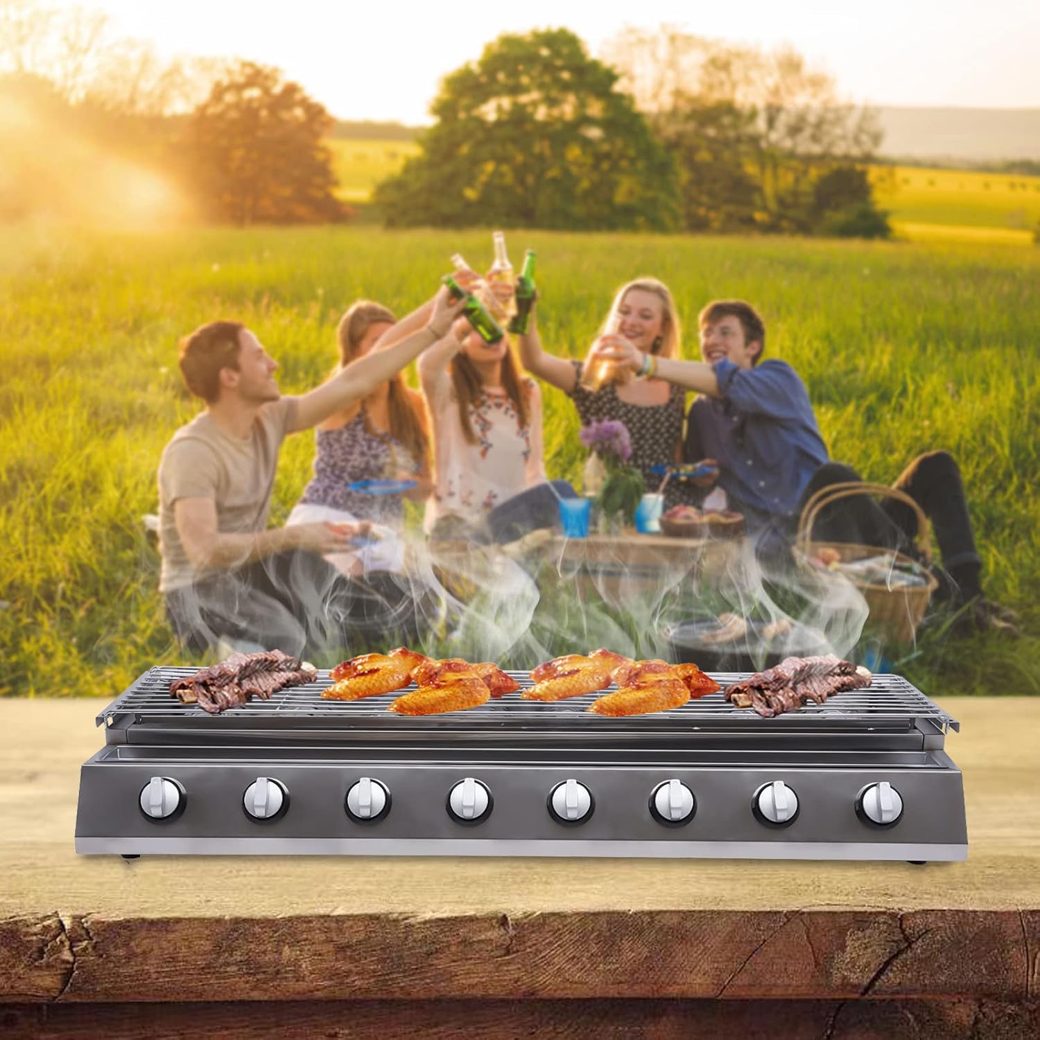 8 Burners BBQ Gas Grill, Commercial Gas Grill Griddle, Gas Indoor/Outdoor Grill BBQ Grill with Temperature Control, Flat Hotplate Smokeless Grill