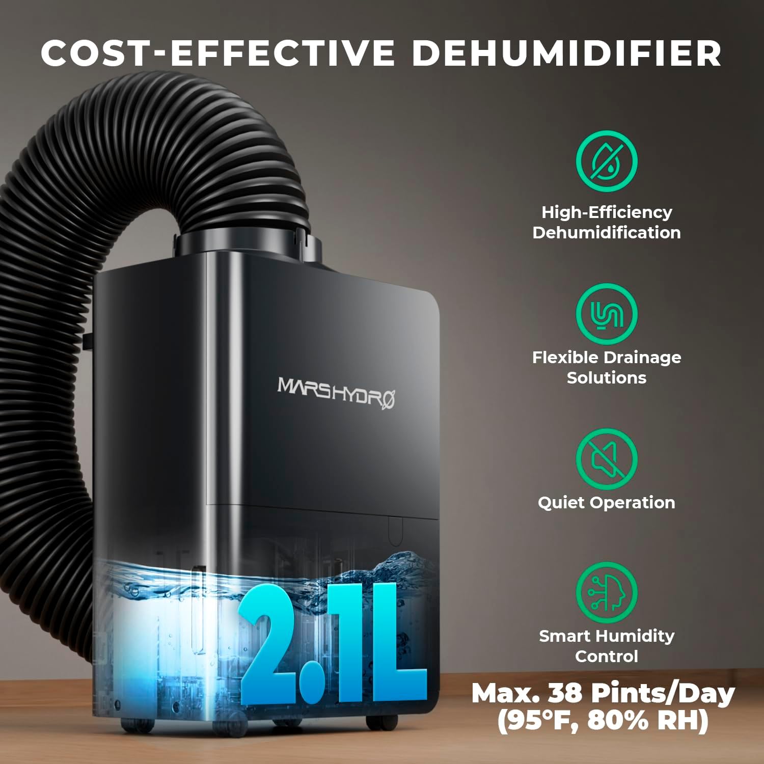 MARS HYDRO 18L/Day (38Pint) Compressor Dehumidifier, with Digital Humidity Control Display, Air Duct, Drain Hose & Washable Filter, Powerful Dehumidification for Grow Tent and Home