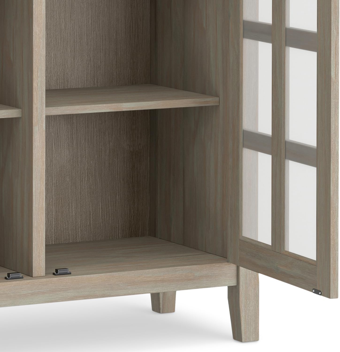 SIMPLIHOME Acadian Storage Cabinet - 39 inch Wide Solid Wood 4-Shelf Display Cabinet in Distressed Grey, Transitional Cupboard for Living Room or Dining Room with Glass Doors and Adjustable Shelves
