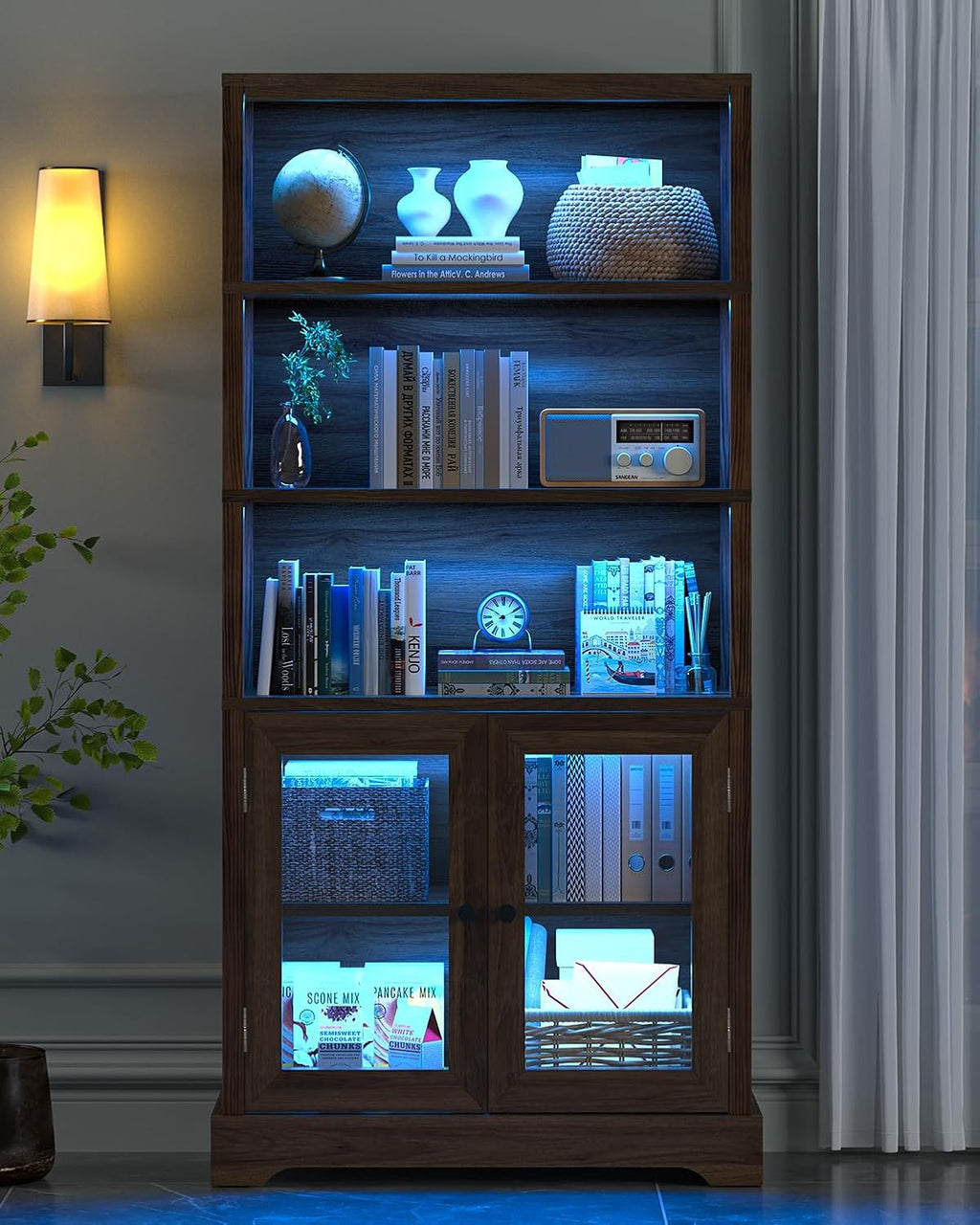 TVU 5-Tier Bookshelf, 65' Bookshelf with Multi-Color Ambient Lights (APP Remote Control), Tall Display Shelf with Cabinet Doors, Suitable for Living Room, Bedroom, Study, Office, Rustic Brown