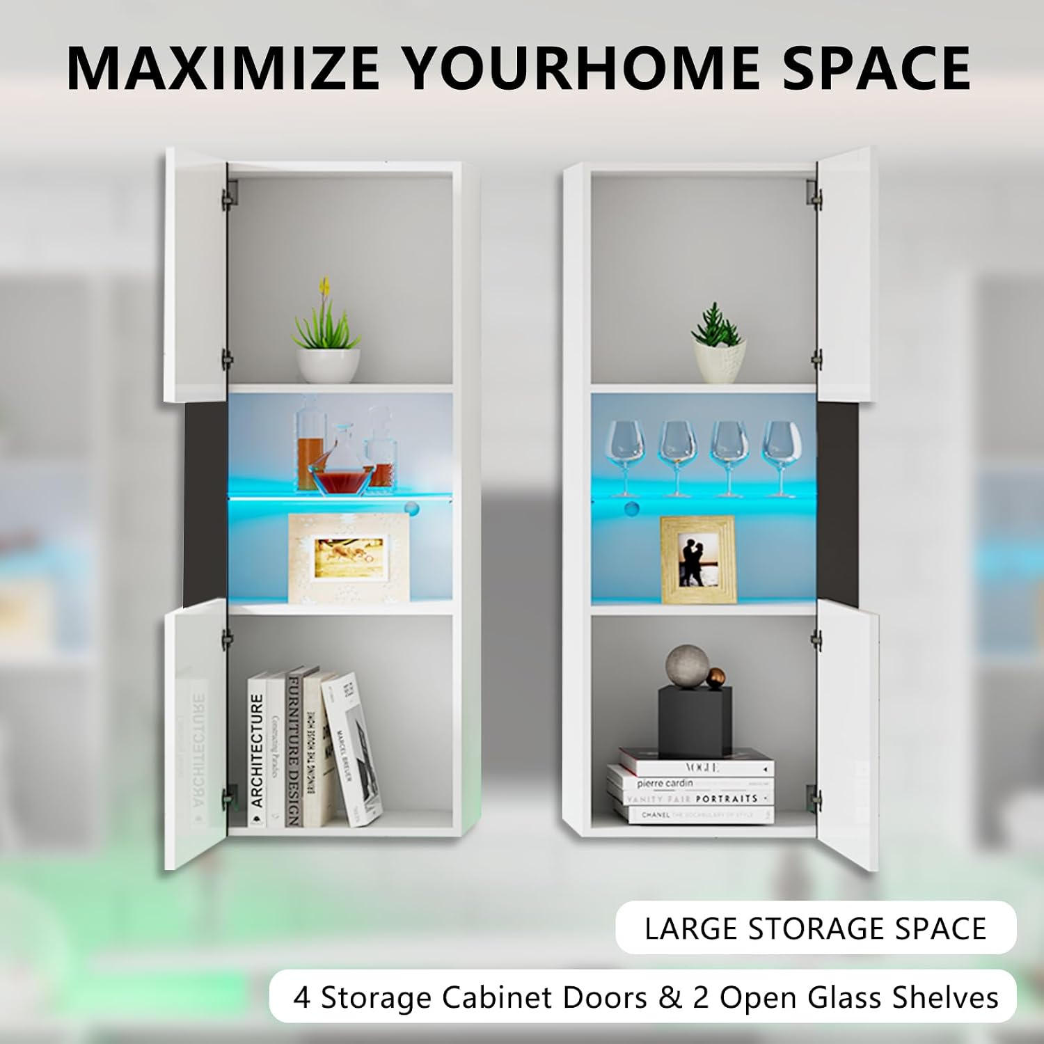 AMERLIFE Wall Storage Cabinets with LED Lights, Modern High Gloss Hanging Cabinets with 4 Closed Doors & Open Glass Shelves, for Living Room/Bedroom/Office, White(Set of 2)