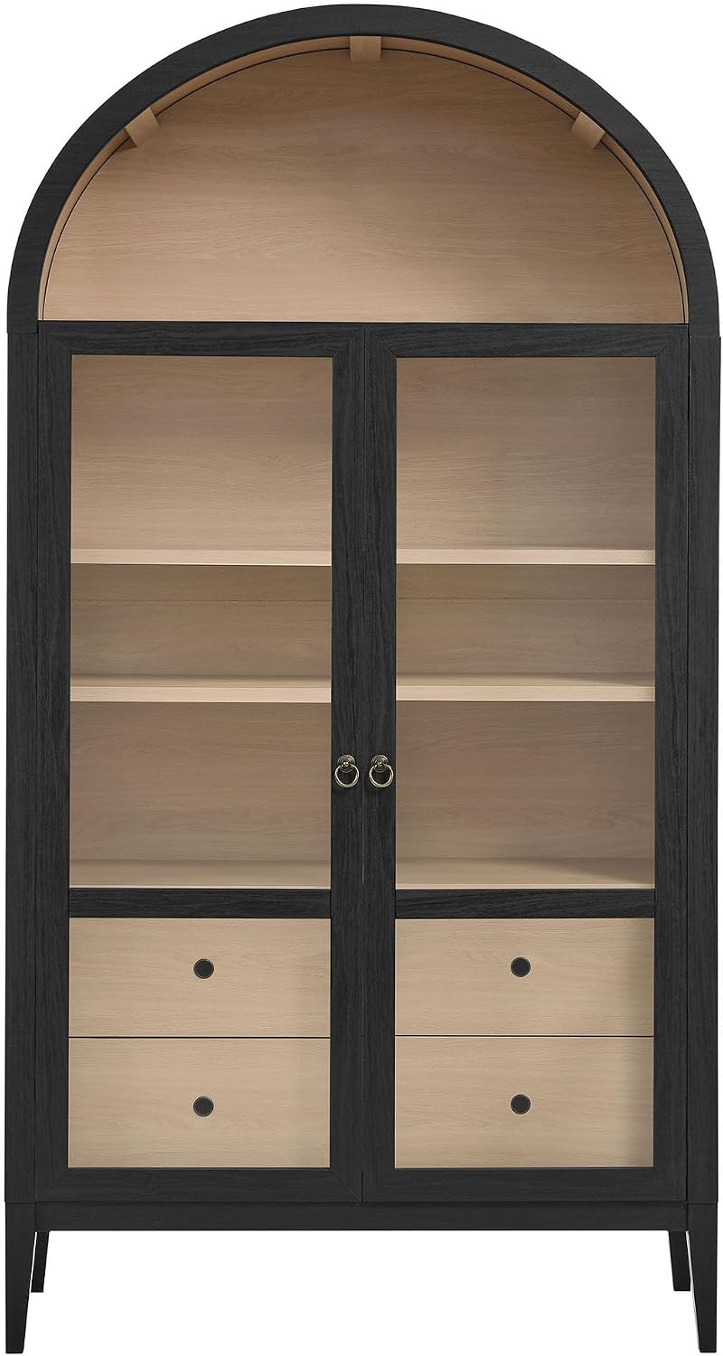 Modway Nolan Tall Arched Storage Display Cabinet in Black Oak - 74 Inch Arch Bookshelf with Glass Doors, Shelves and Drawers - Modern Accent Cabinet for Living Room, Dining Room