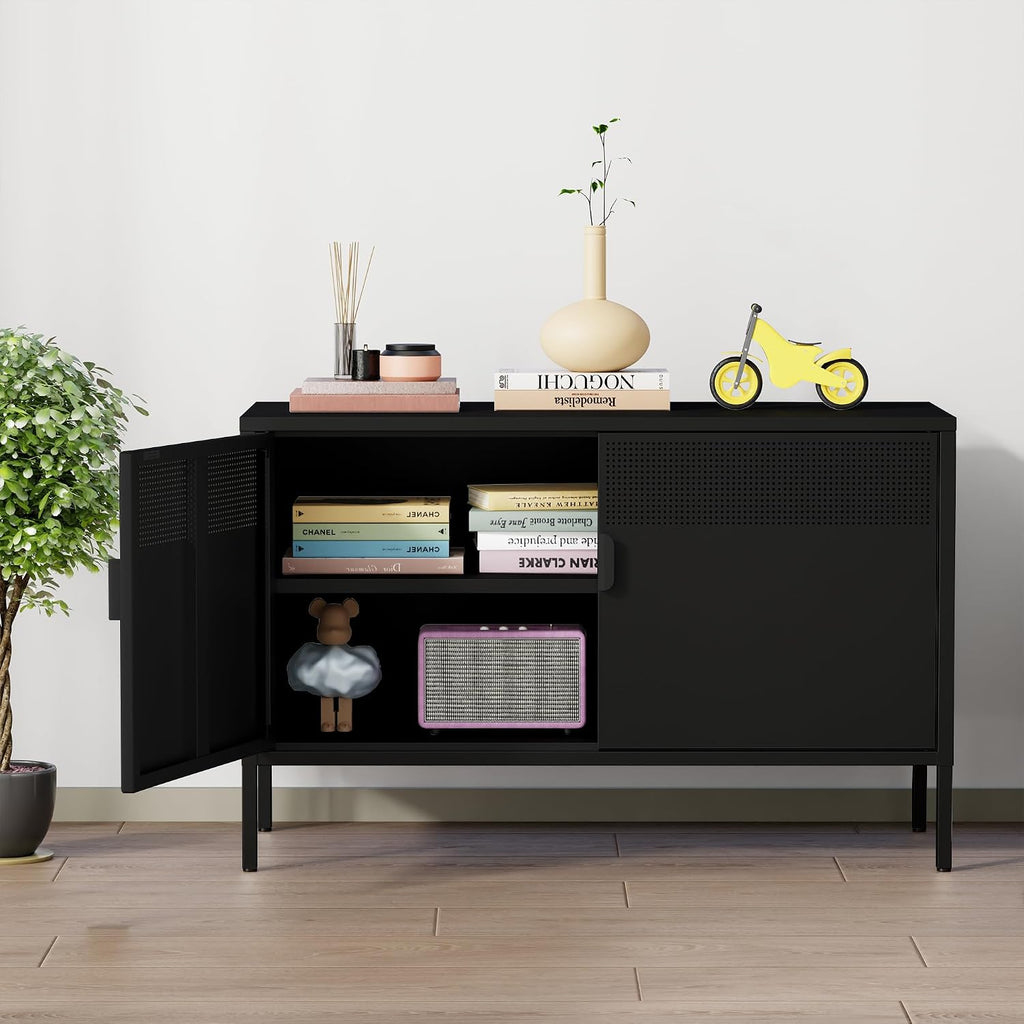 Chshin Metal Storage Cabinet with Doors,Black Accent Cabinet,Metal Locker Storage Cabinets,2 Door TV Media Stand with Removable Shelves for,Home,Office,Entryway,Living Room