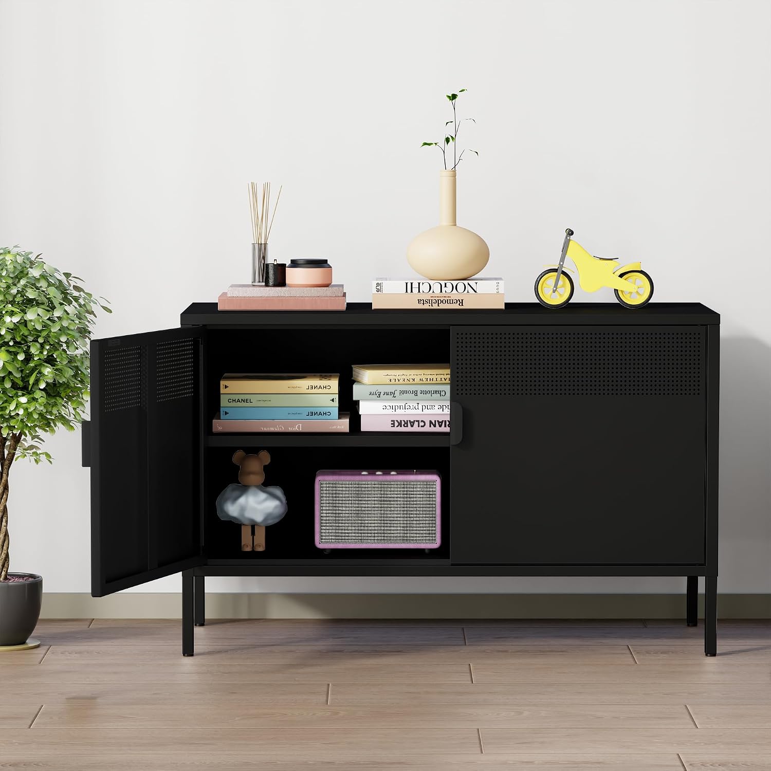 Chshin Metal Storage Cabinet with Doors,Black Accent Cabinet,Metal Locker Storage Cabinets,2 Door TV Media Stand with Removable Shelves for,Home,Office,Entryway,Living Room