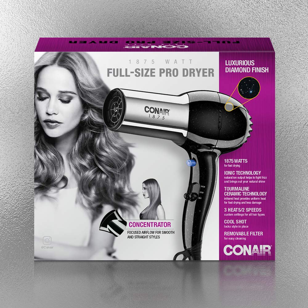 Conair Hair Dryer,1875W Full-Size Hair Dryer with Ionic Conditioning,Blow-Dryer,Tourmaline Ceramic Technology for Quick Drying,Black/Chrome,(Pack of 4)