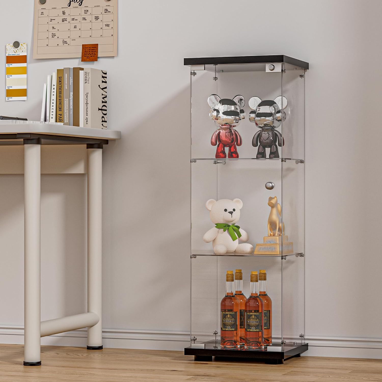 FANYUSHOW 3-Shelf Glass Display Cabinet with Door, Upgraded Quick-Install Style Curio Cabinets 5mm Tempered Glass Floor Standing Bookshelf for Bedroom, Living Room 49.1'x 16.7'x 14.3' Black