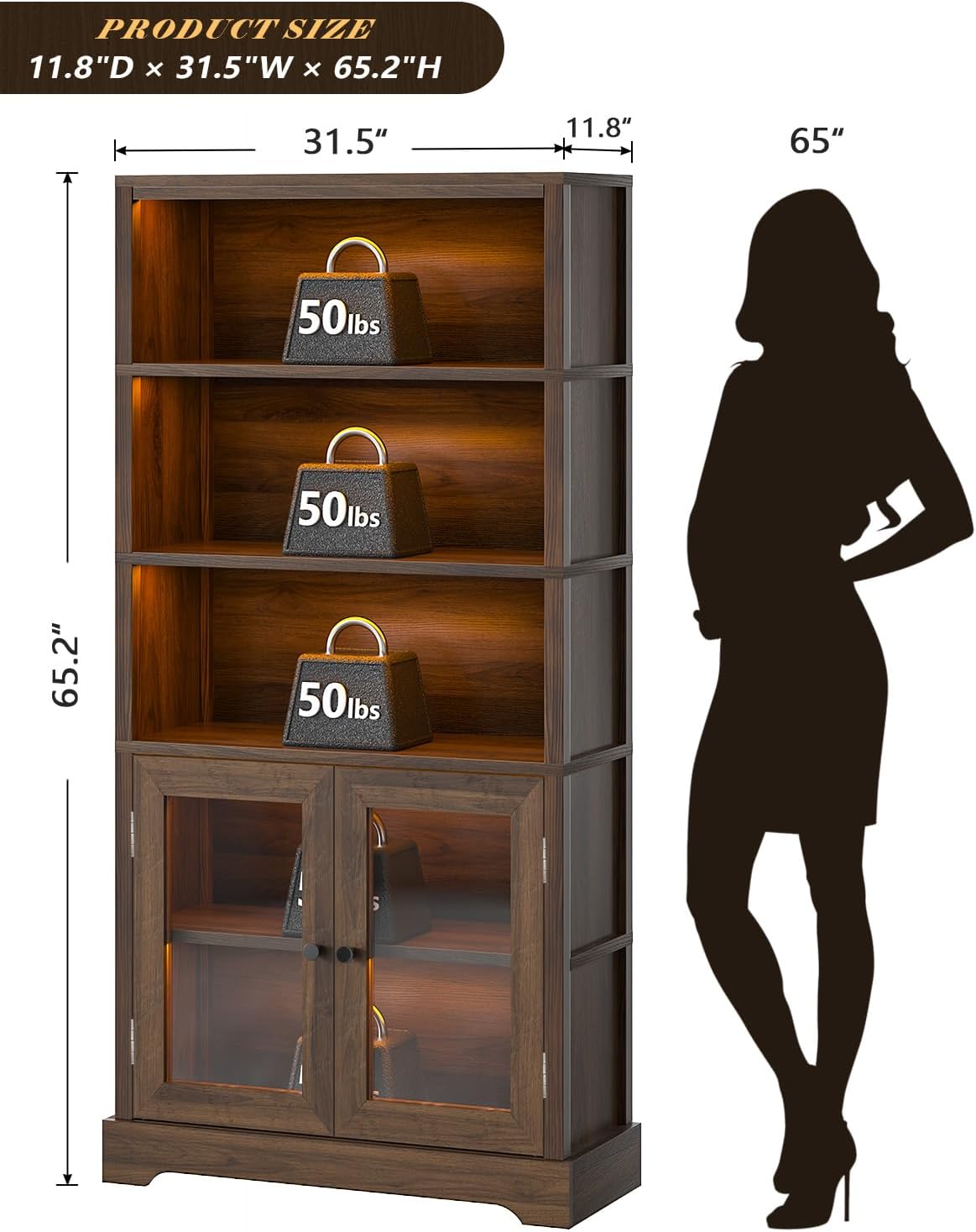 TVU 5-Tier Bookshelf, 65' Bookshelf with Multi-Color Ambient Lights (APP Remote Control), Tall Display Shelf with Cabinet Doors, Suitable for Living Room, Bedroom, Study, Office, Rustic Brown