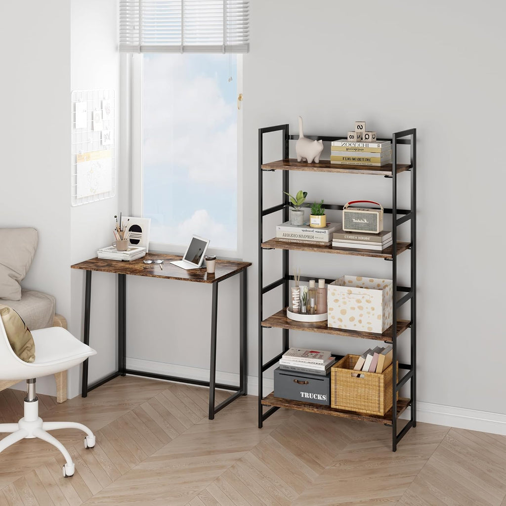 BHG Vintage Multifunctional Folding Bookshelf, No-Assembly Plant Stand Storage Rack Shelves for Home Office (Fire, 4-Tier)